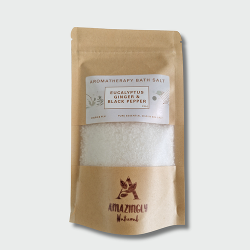 Aromatherapy Bath Salt - Eucalyptus, Ginger and black Pepper essential oils in Sea Salt