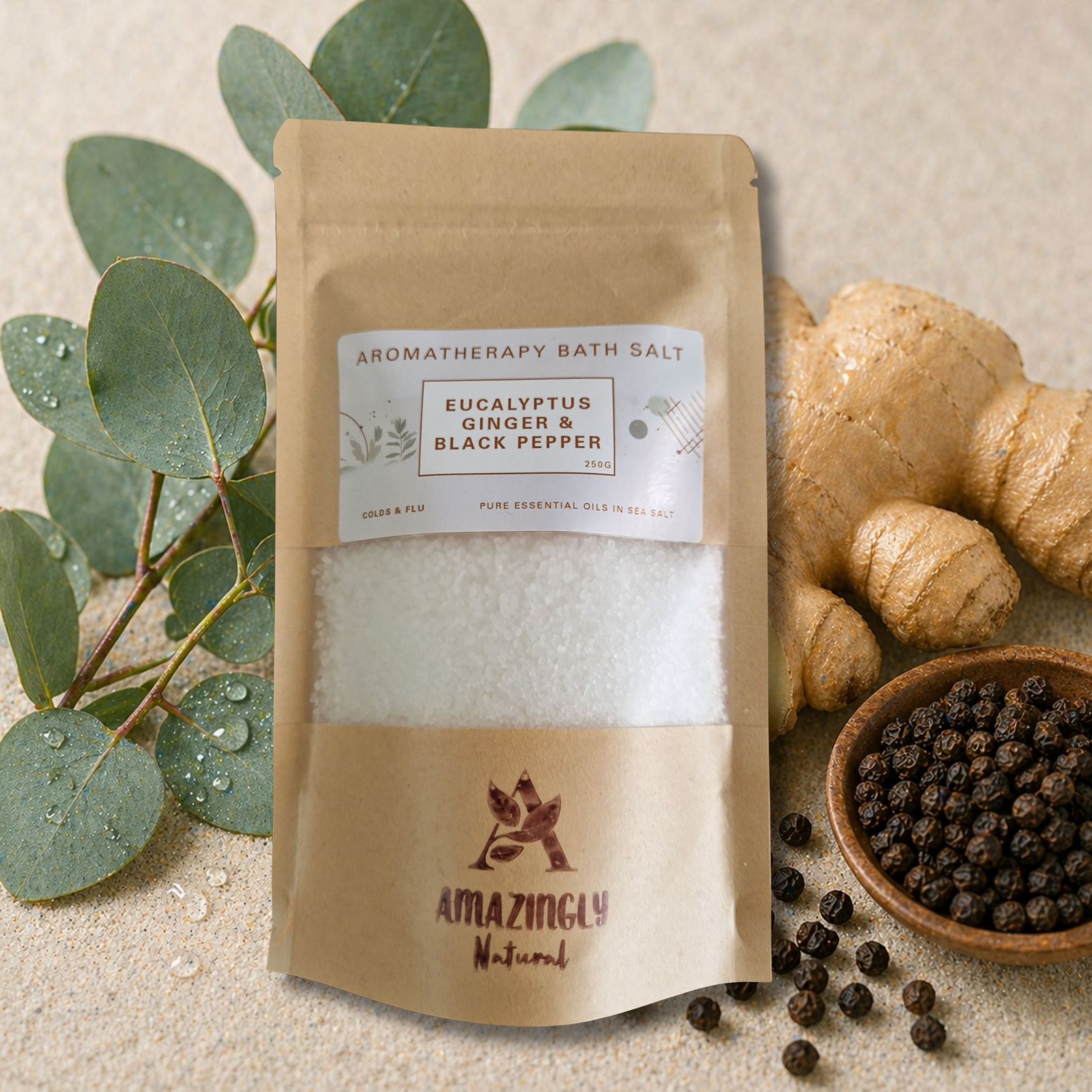 Aromatherapy Bath Salt - Eucalyptus, Ginger and black Pepper essential oils in Sea Salt