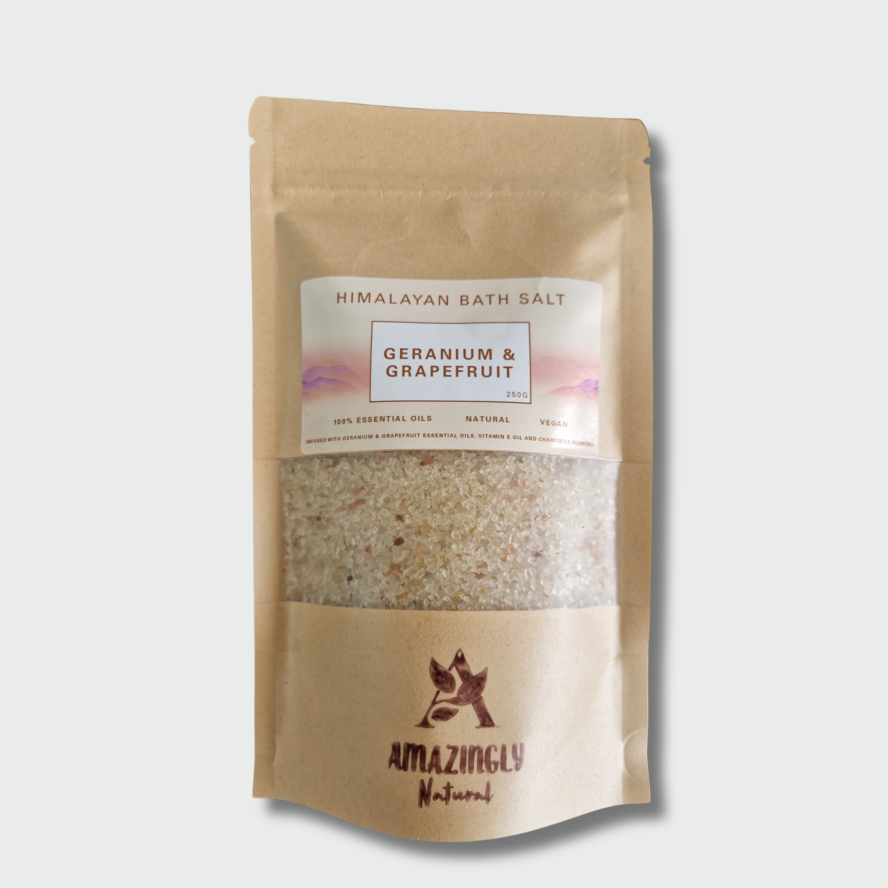 Himalayan Bath Salt - Geranium and Grapefruit essential oils + Vitamin E oil + Chamomile Flowers