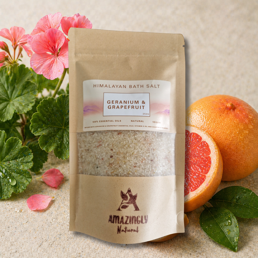 Himalayan Bath Salt - Geranium and Grapefruit essential oils + Vitamin E oil + Chamomile Flowers