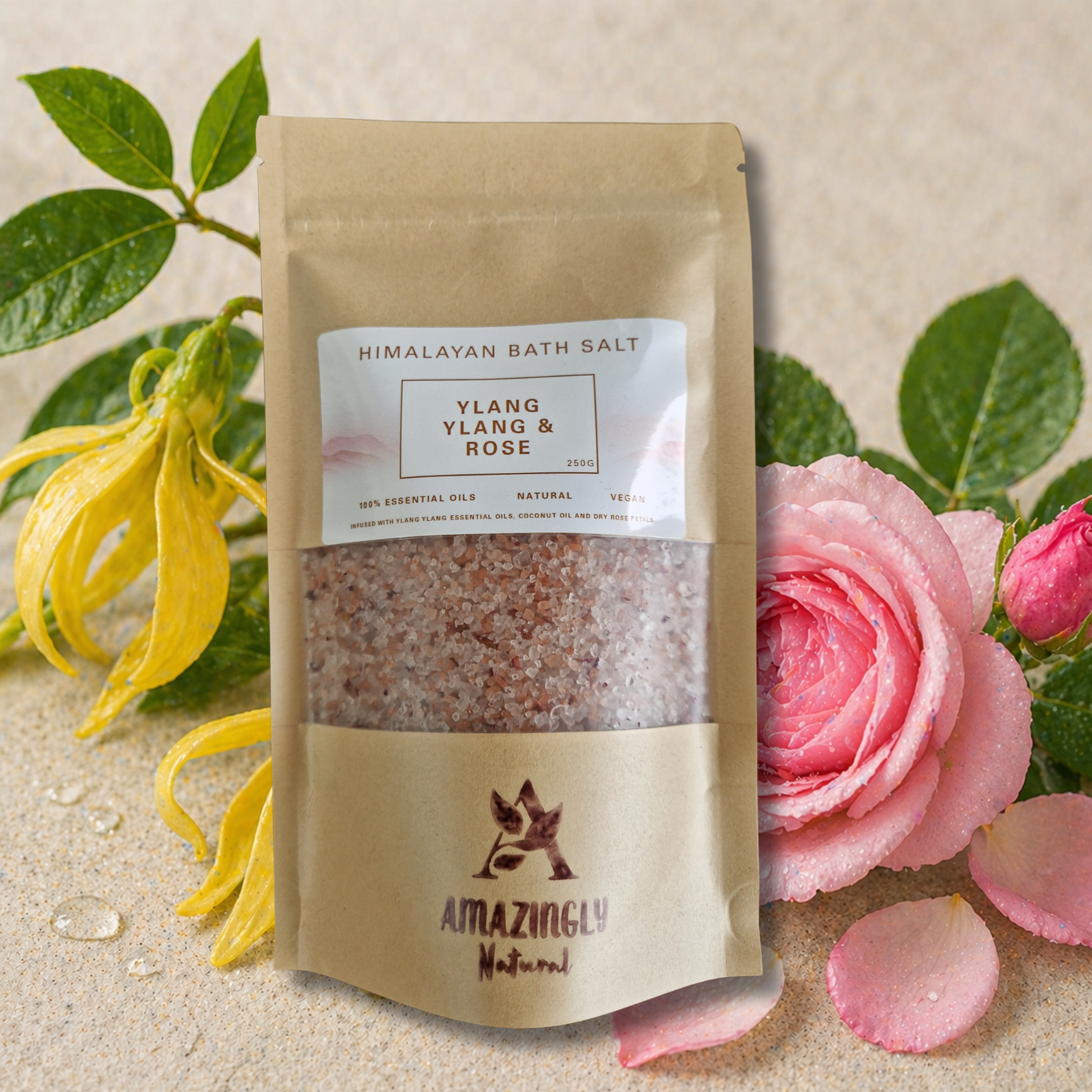 Himalayan Bath Salt - Ylang Ylang essential oils + Coconut oil + Dry Rose Petals