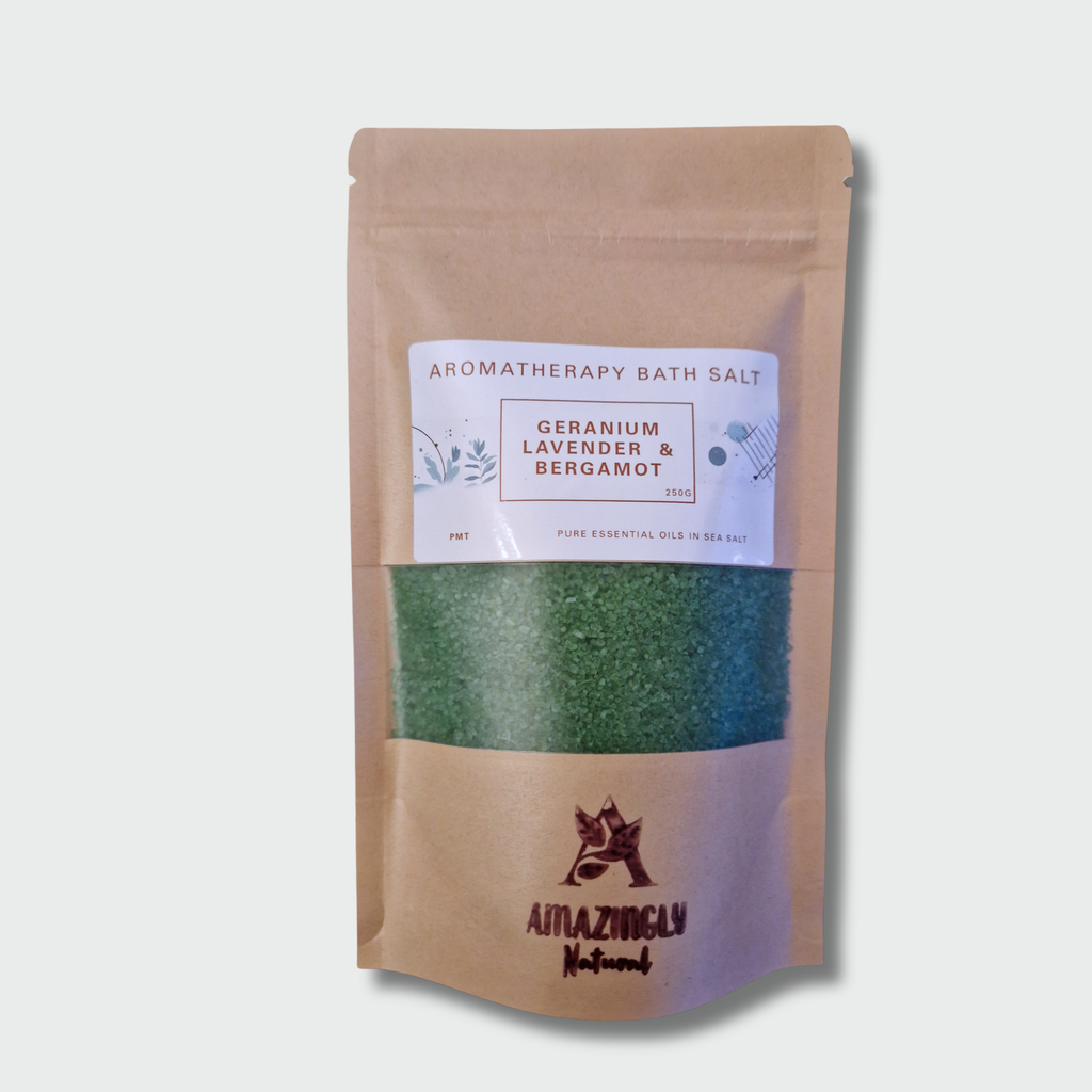 Aromatherapy Bath Salt - Geranium, Lavender and Bergamot essential Oils in Sea Salt
